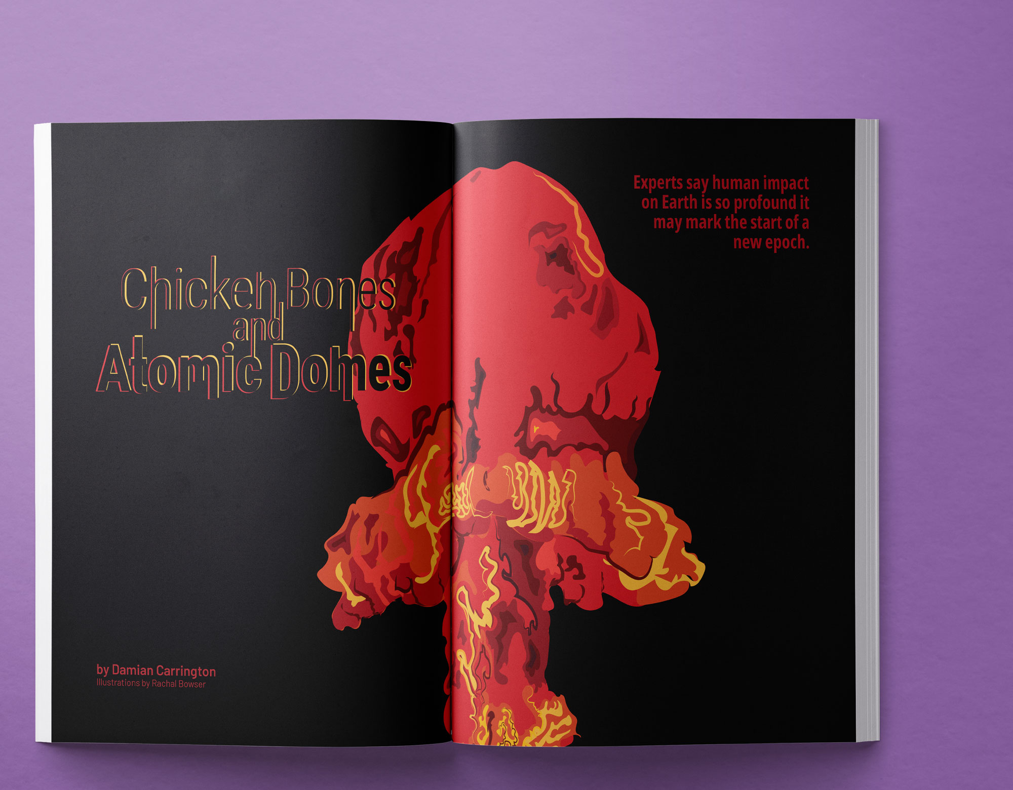 sustainable Magazine | Chicken Bones and Atomic Domes opening spread featuring an illustration of a mushroom cloud with the faint profile of a skeleton