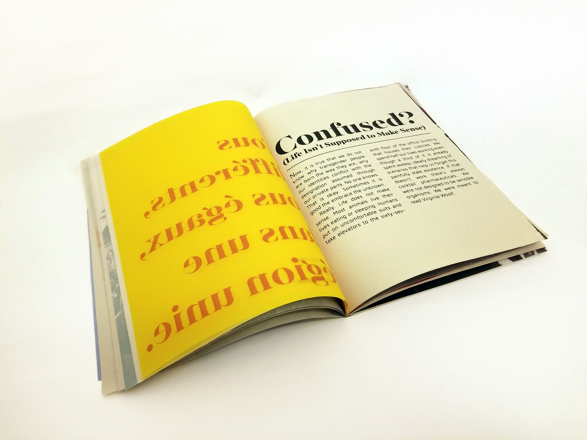 TRANSpaper sample spread showing a two column layout and a headline that reads “Confused? (Life Isn't Supposed to Make Sense)”